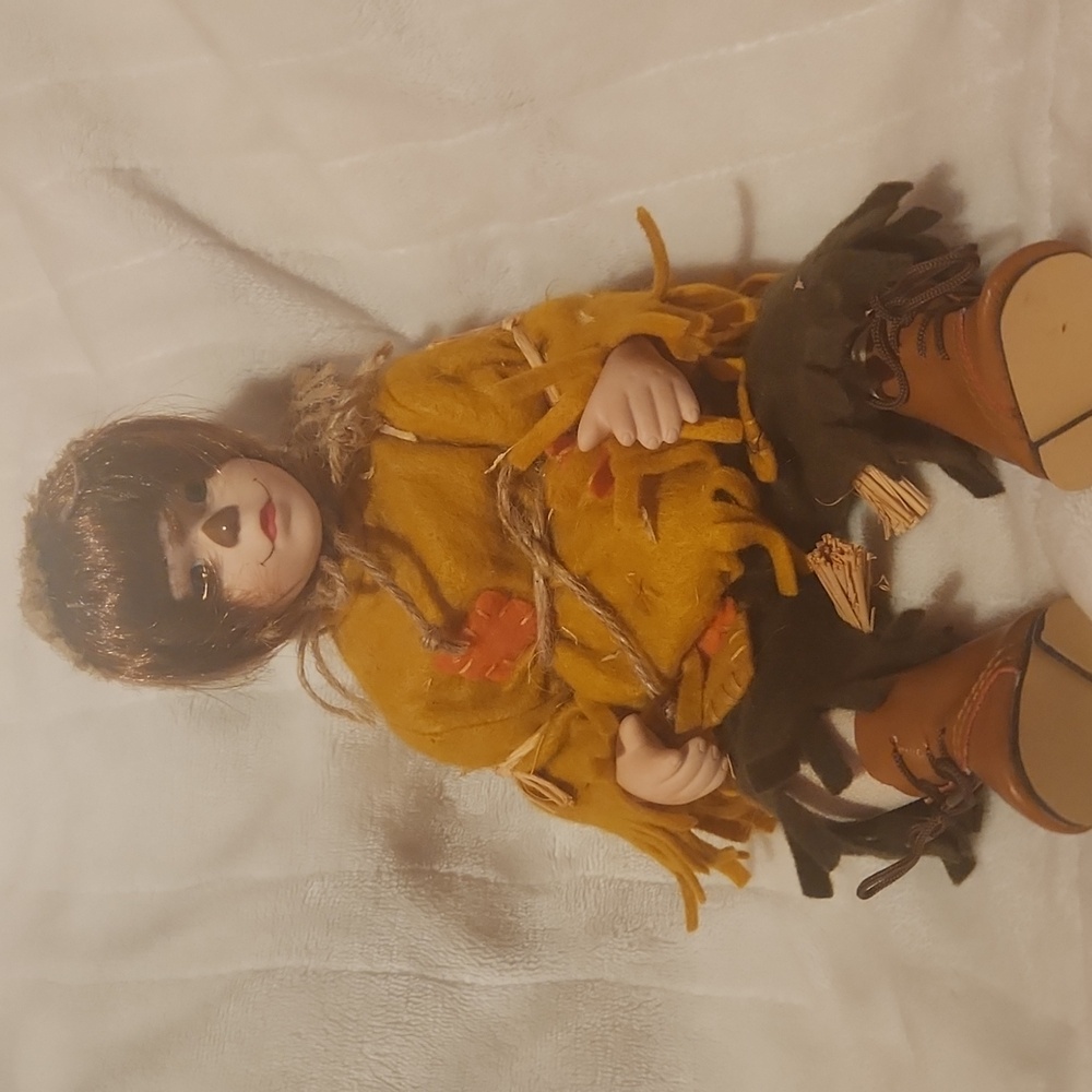 Effanbee Vintage Halloween, Fall, porcelain Harvest Scarecrow Doll Sitter Doll